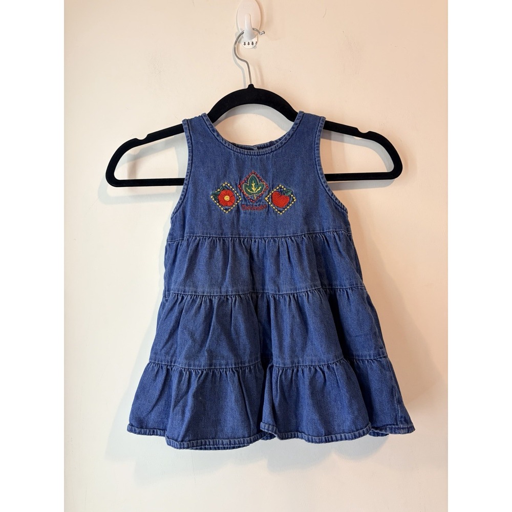 Vintage Oshkosh B Gosh Tiered Denim Dress Size 3t Embroidered Logo Sleeveless